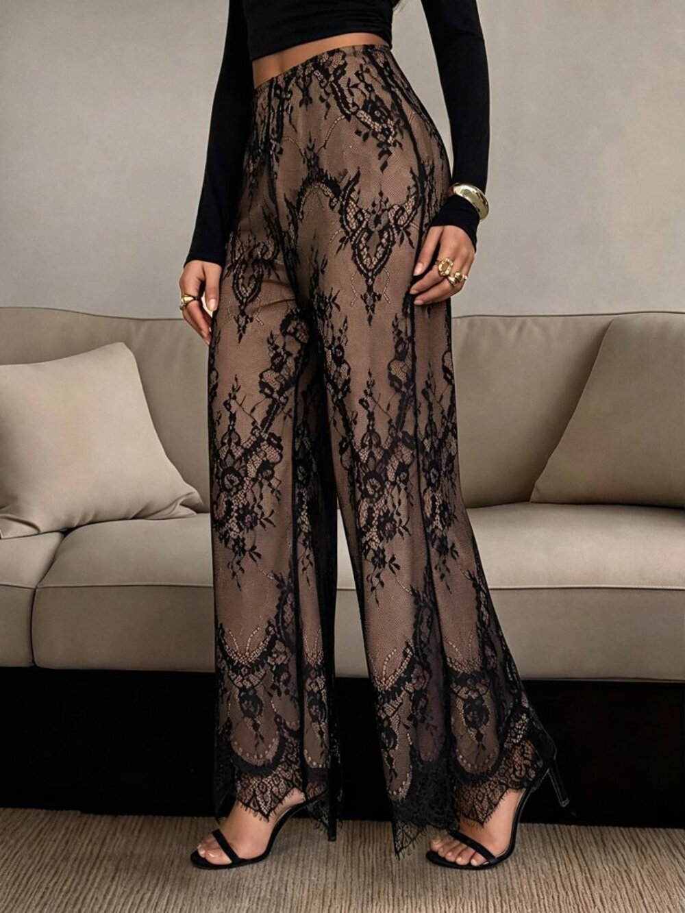 Black Sexy Women's Elegant Casual Y2k Chic Sheer Floral Lace Bell Bottom Pants